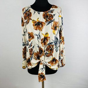 West Kei Beige Brown Gray Floral Print Elastic Sleeve Tie Hem Women's M Top